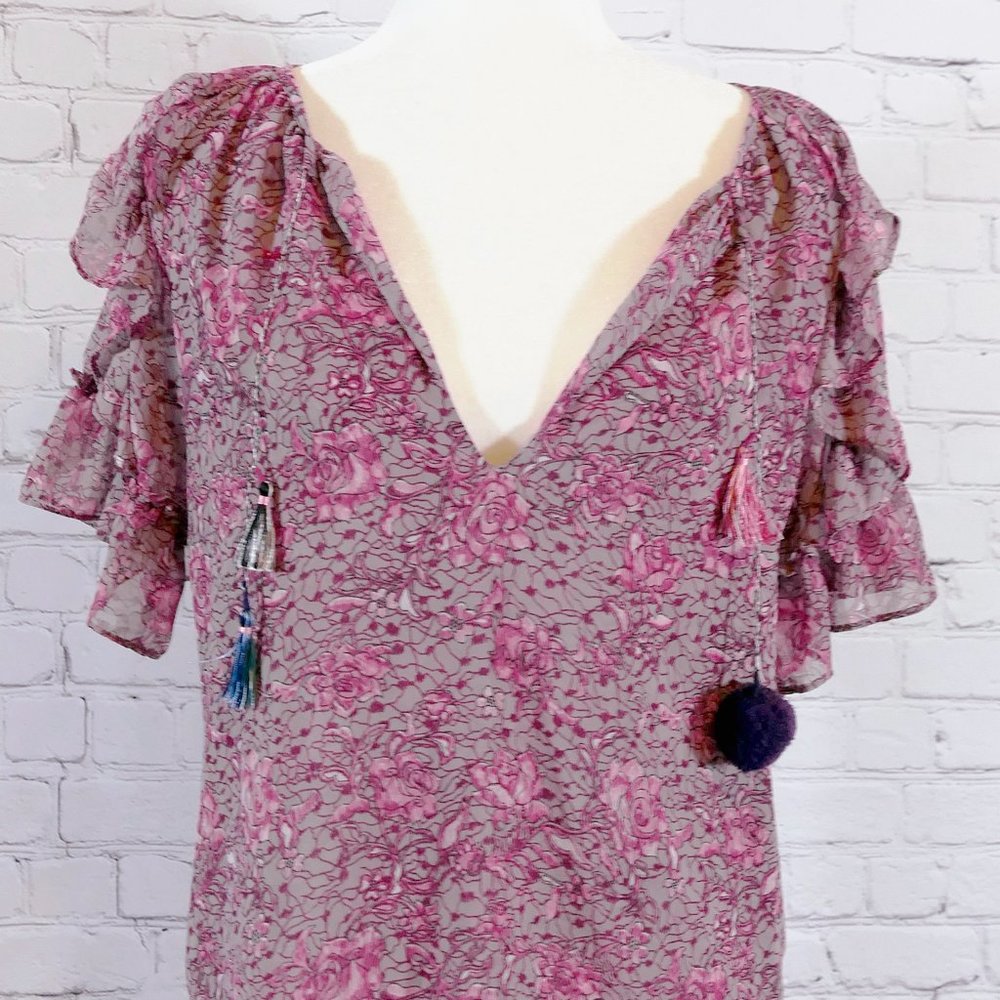 MISA Los Angeles Floral Sm Ruffle Blouse w Tassels